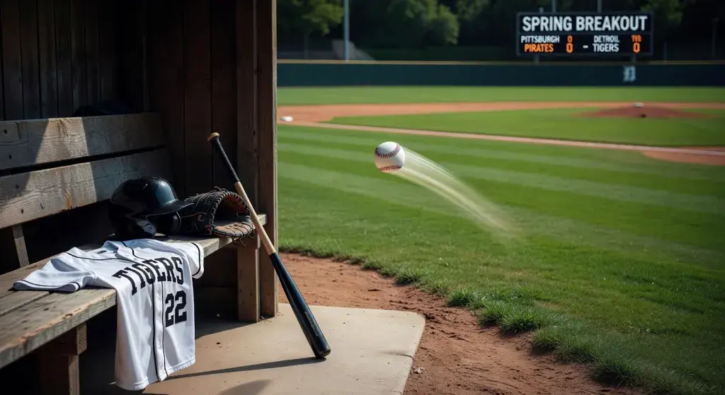 Tigers prospect Max Clark reacts to 102.4 mph fastball from Pirates' Seth Hernandez in Spring Breakout game